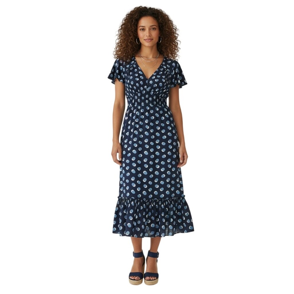 Ann Taylor Factory Navy Blue Polka Dot Smocked Waist‎ Midi Dress Medium Petite